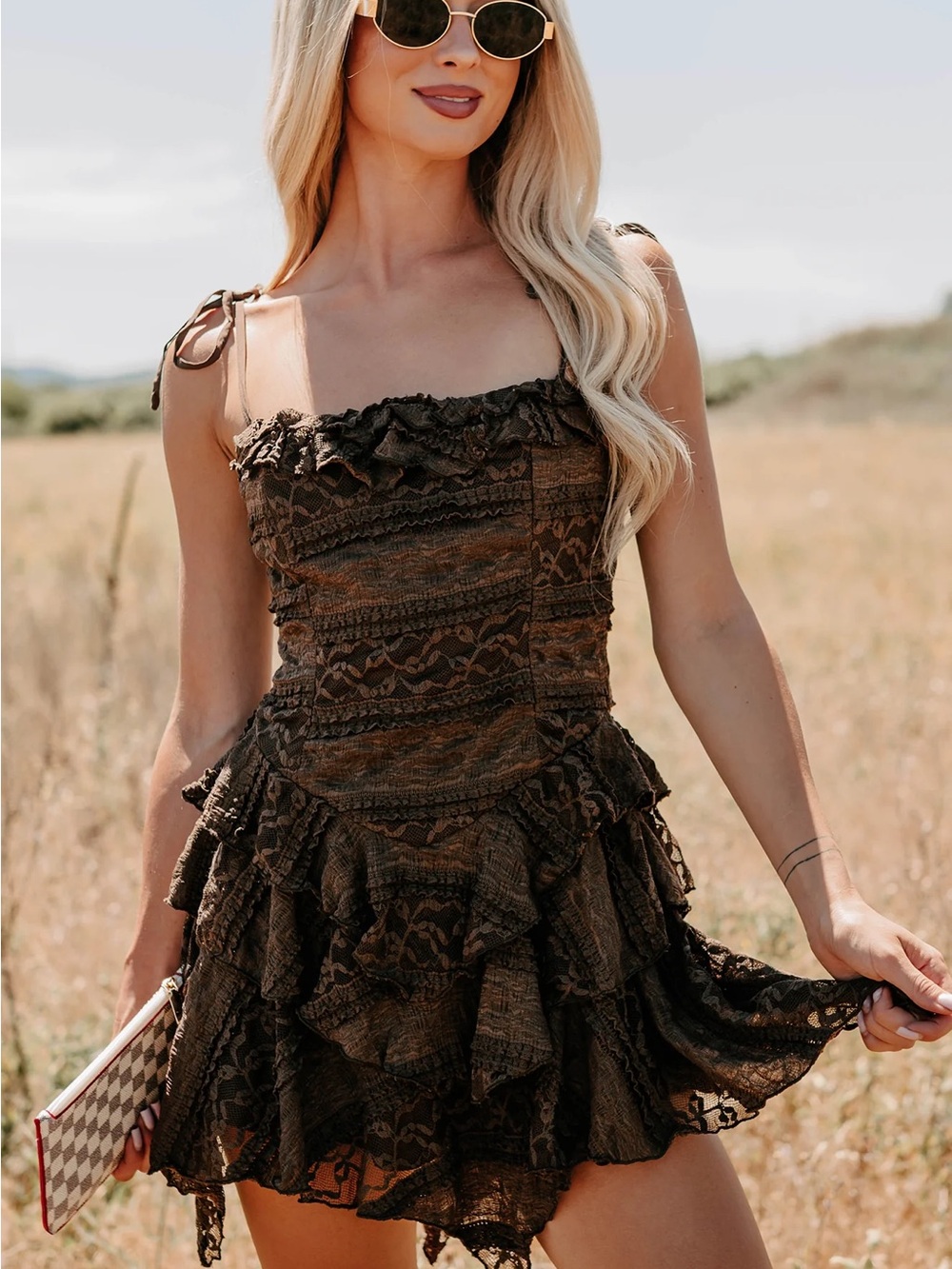 Women’s Brown Ruffled Tie-Strap Dress